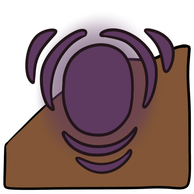 A purple glowing oval with three sets of stacked curved lines coming off the edges. Curved medium brown skin fills the bottom half of the background.